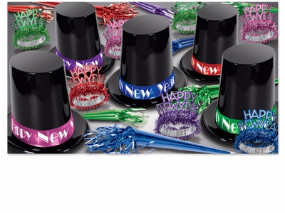 assorted color new year's eve kit with big black top hats with bright colored bands with new year tiaras and noisemakers