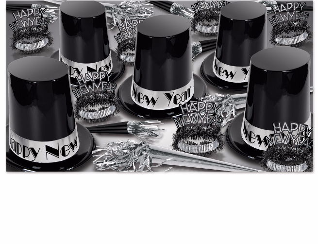 black and silver new years eve party kit with enough items for 50 people that comes with extra large black top hats, fringed tiaras, and horns