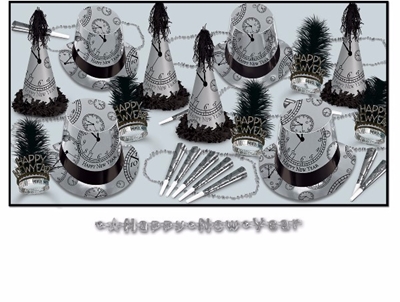 black and silver new year's eve party kit with a design of clocks just about to strike midnight