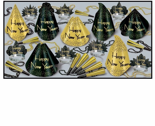 black & gold nye party supplies in a kit with hats, tiaras, horns, and beads