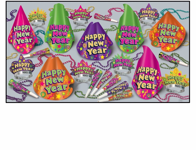 bright colored party supplies for new years eve in a kit that has hats, tiaras, horns, and beads