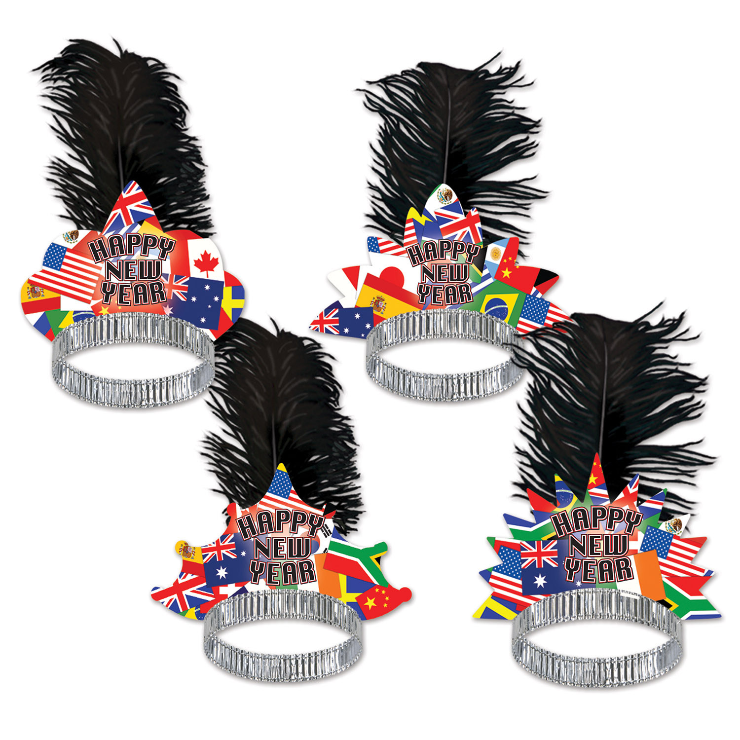 Four different tiara shaped tops printed with international flags with the words "Happy New Year" and a black plume.
