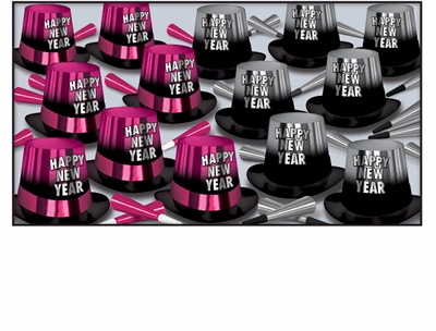 pink and silver new year's eve party kit with 50 new year's eve party hats