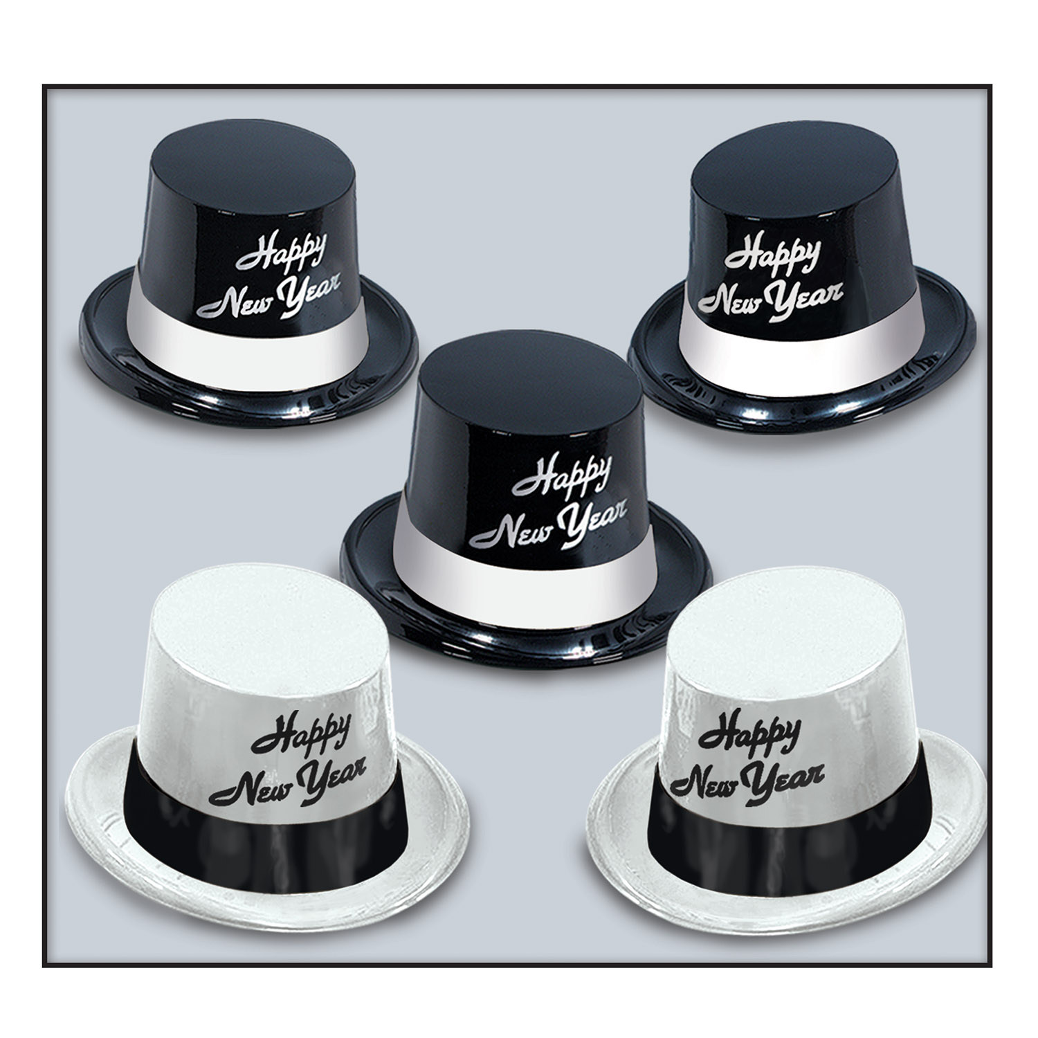 White and black legacy toppers made out of molded plastic. White hats have black bands and lettering while the black hats have white bands and lettering. 