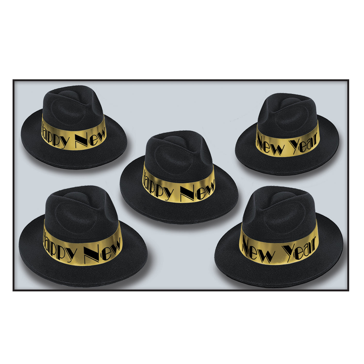 Black plastic fedora with velour coating and a gold band that reads "Happy New Year" in black.