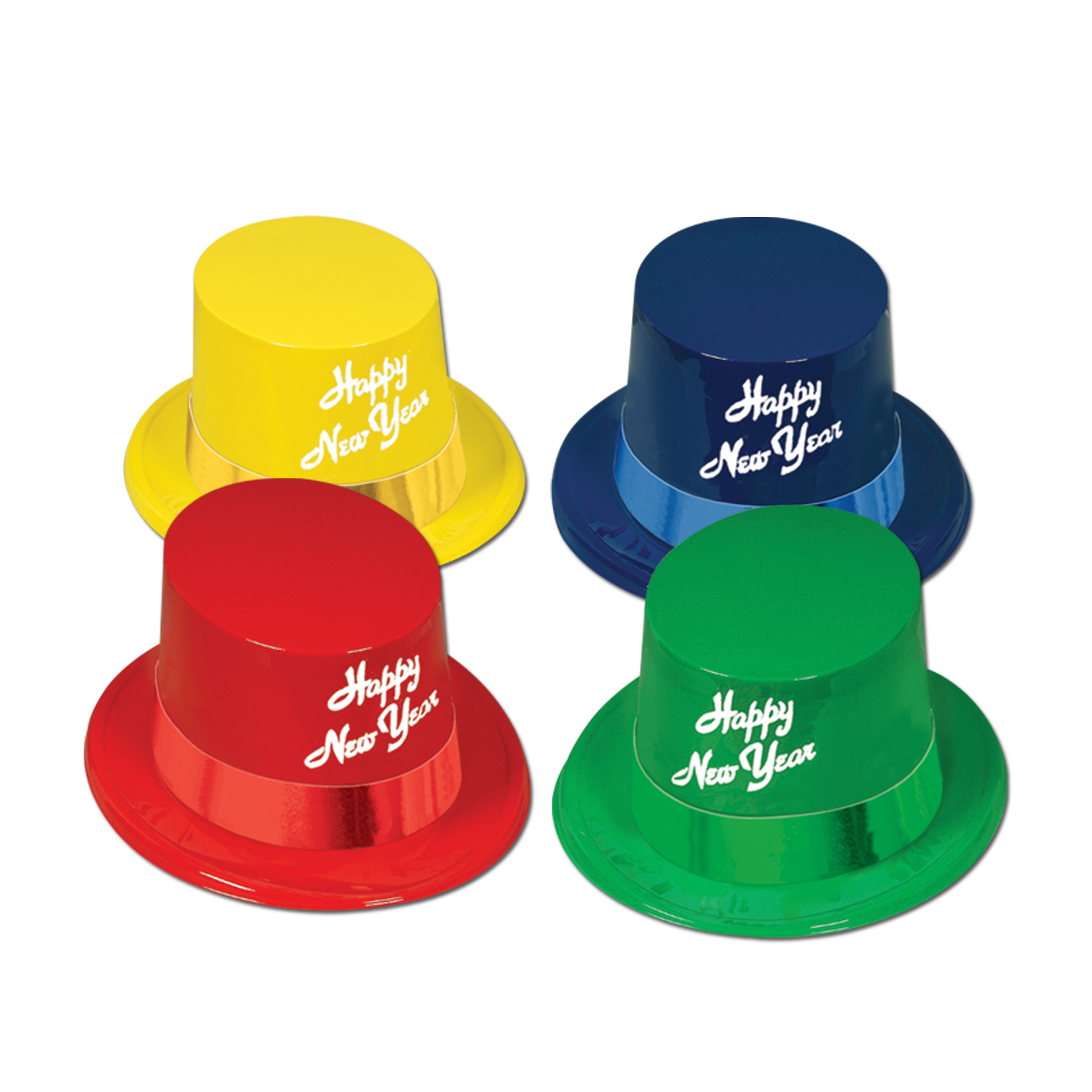 Red, green, blue and yellow toppers with white "Happy New Year" printed on the front.