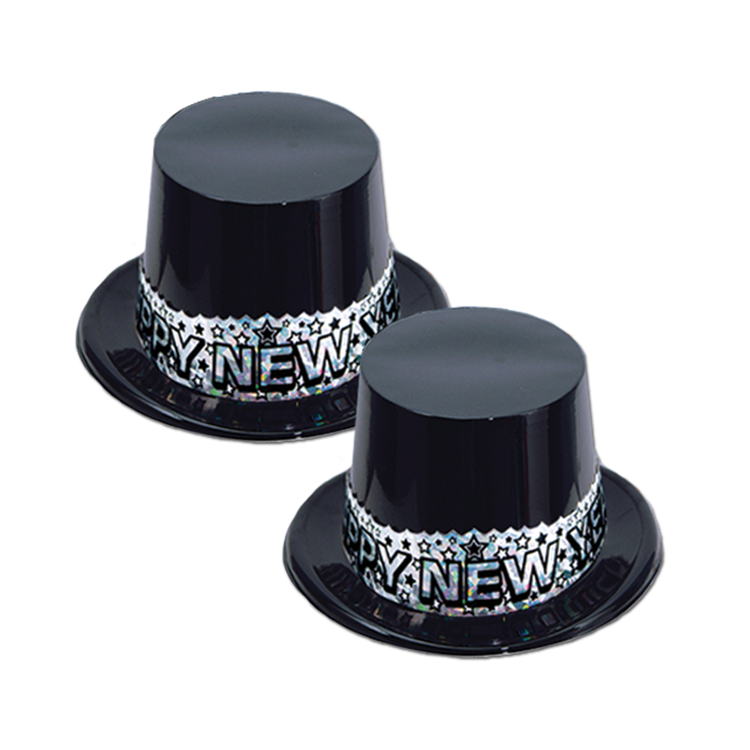 Black plastic topper filled with silver stars and the words "Happy New Year".