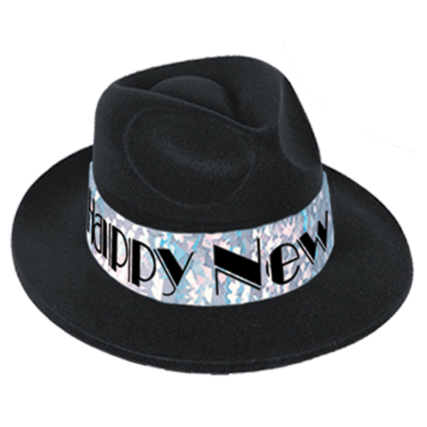 Black fedora with velour coating and a silver prismatic band that reads "Happy New Year".