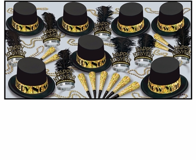 black and gold new year's eve party kits with top hats and tiaras with black feathers