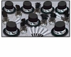 black and silver top hat party kit that produces the classic NYE look of top hats, horns, tiaras, and beads