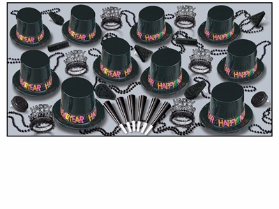 black NYE party kit with tiaras, party hats, beads, and noisemakers