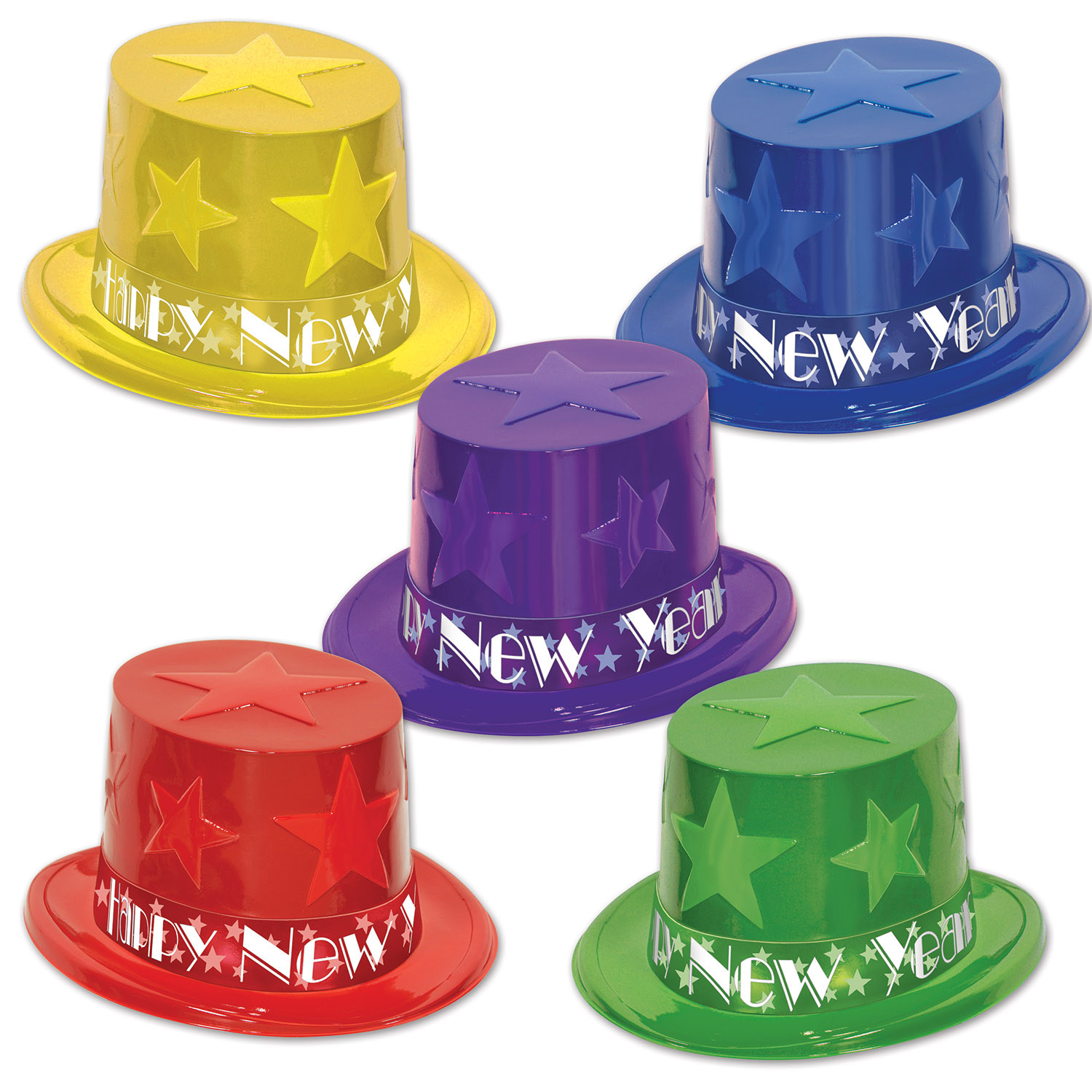 assorted color party top hats with stars on them with happy new year bands around the bottom