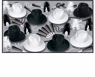1920's themed new year's eve party kit with fedoras and feathered tiaras