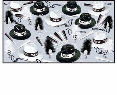 black & white nye party kit with a 1920's theme includes fedora hats, feathered tiaras, horns and beads