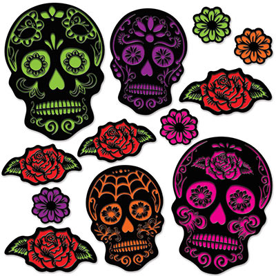 Day of the Dead Skull Cutouts (Pack of 144) Halloween, day of the head, skulls, sugar skulls, roses 