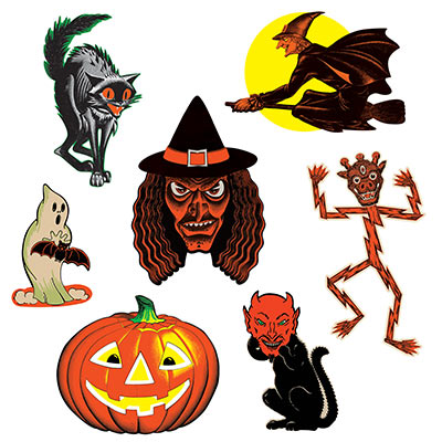 Vintage Halloween Classic Cutouts (Pack of 84) Vintage Halloween Classic, vintage, halloween, witch, jack-o-lantern, cat, ghosts, decoration, wholesale, inexpensive, bulk