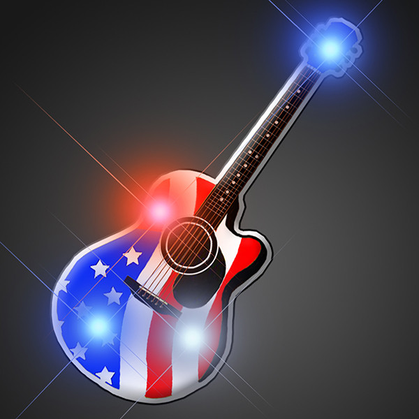 American Guitar Flashing Pin (Pack of 12) American Guitar Flashing Pin, guitar, flashing, light up, pin, american, patriotic, 80s, new years eve, wholesale, inexpensive, bulk, july 4th, memorial day