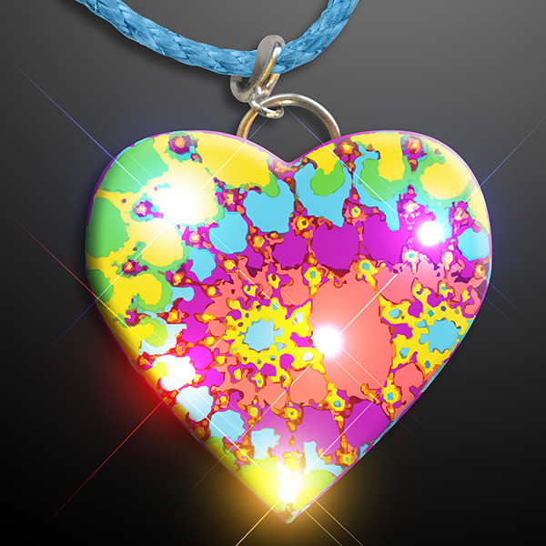 Flashing Tie Dye Heart Necklace (Pack of 12) Flashing Tie Dye Heart Necklace, flashing, light up, tie-dye, heart, necklace, 60s, 1960s, new years eve, party favor, wholesale, inexpensive, bulk