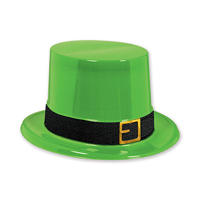 green plastic top hat with a black band and gold buckle for St. Patrick's day