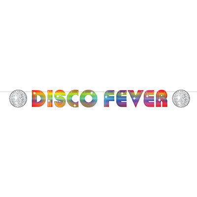 The 70s Disco Fever Streamer is made of card stock material with bright colors and reads "Disco Fever".