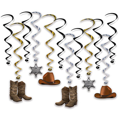 Black, gold and silver metallic whirls with icons of cowboy hats, boots and sheriff badges.
