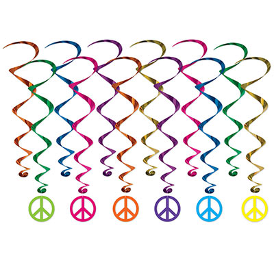 Peace Sign Whirls (Pack of 72) Peace Sign Whirls, peace, whirls, decoration, 60s, New Years Eve, decade, wholesale, inexpensive. bulk