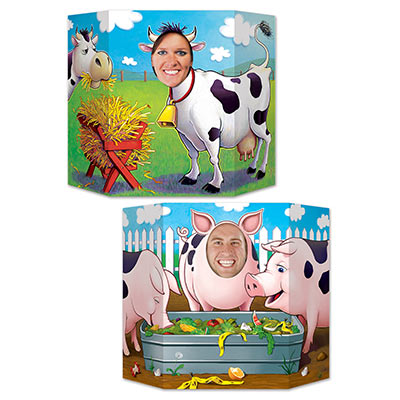 Barnyard Friends Photo Prop displays an image of cows on one side and pigs on the other with a face cutout.