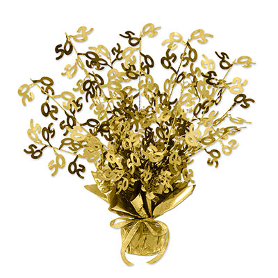 The 50 Gleam 'N Burst Centerpiece is made of wire and metallic material in gold that includes "50" icons.