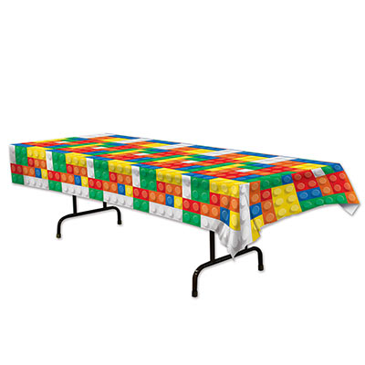 Tablecover printed with multi-colored building blocks.