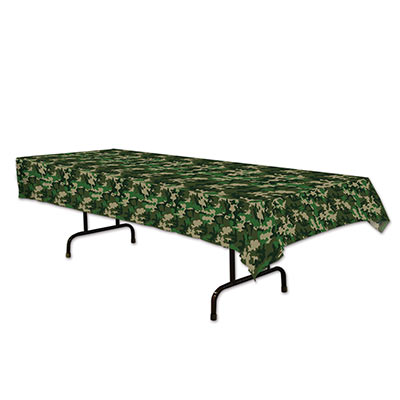 Plastic table cover with a camo printed effect.