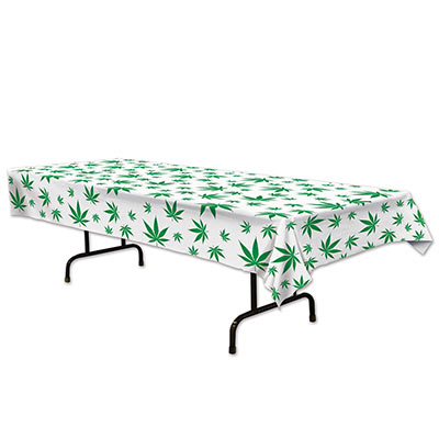 White table cover with green weed leaves in various sizes.