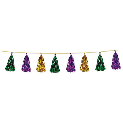 Garland with metallic gold, green and purple tassels attached.