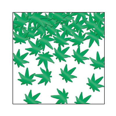 Confetti shaped like weed leaves and made of metallic material.