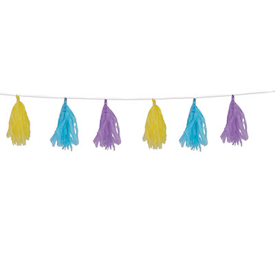 Garland with tissue tassels in the colors of yellow, blue and purple.