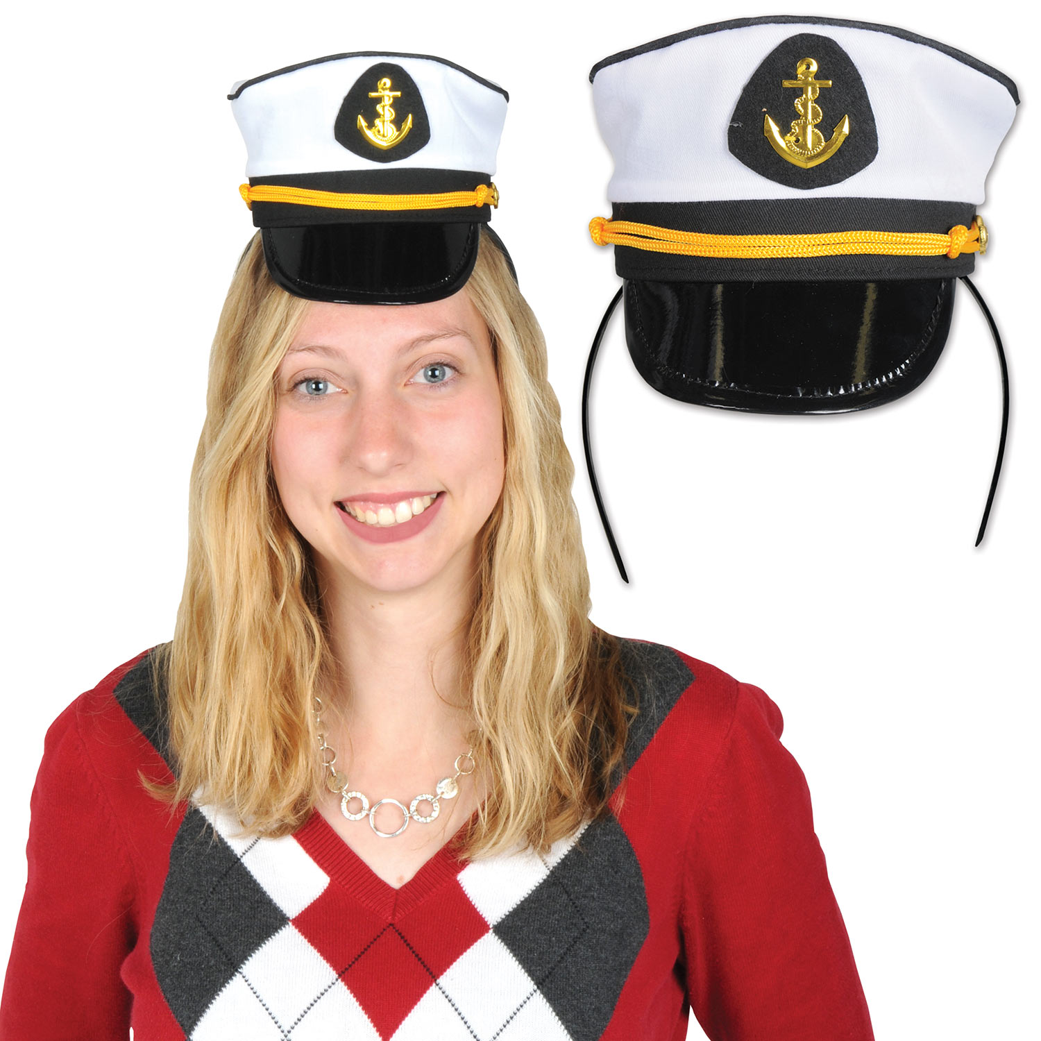 Headband with an attachment that replicates a yacht captains hat.