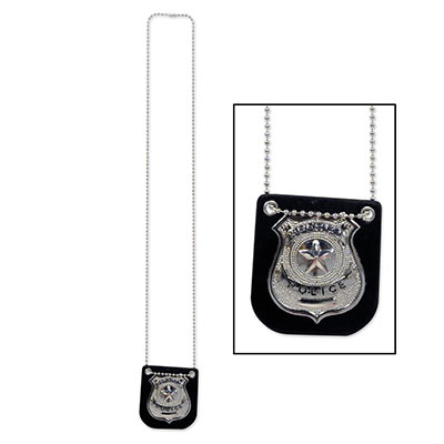 Metal police badge attached to a chain for easy wear.