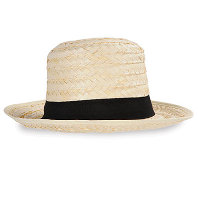 Straw skimmer hat with a black fabric band.