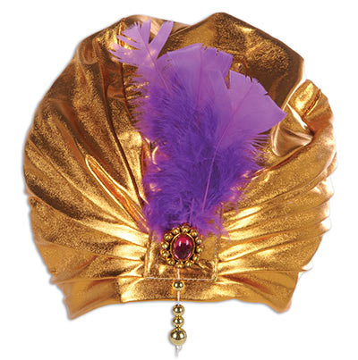Golden fabric sultan hat with purple feathers and gem like accents.