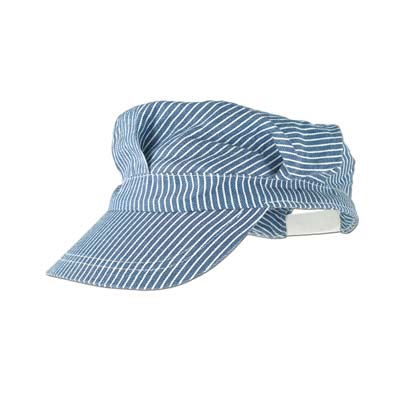 Train engineer hat with blue and white stripes.