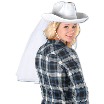 White cowboy designed hat with fabric material attach to replicate a veil.