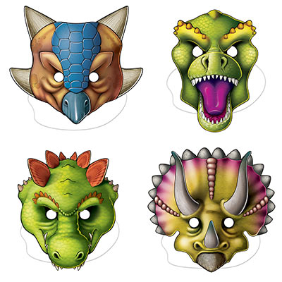 Card stock masks printed with fun dinosaur faces. 