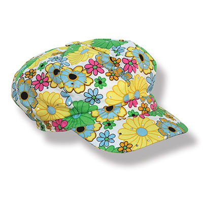 Flower printed 60s hat made of fabric material.