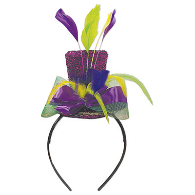 Black headband with small purple top hat attached including gold, green and purple feathers as accents. 