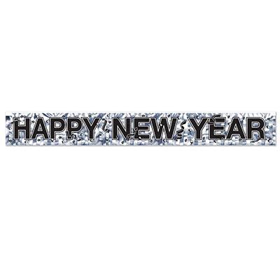 Silver Metallic Happy New Year Fringe Banner (Pack of 1) Metallic Happy New Year Fringe Banner, happy new year, banner, silver and black, new years eve, decoration, wholesale, inexpensive, bulk