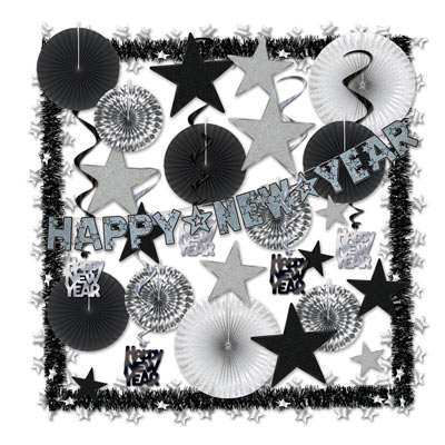 Silver New Year decorating kits with fans, garland, whirls and more. 