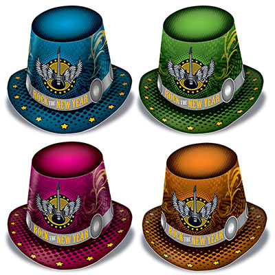 happy new year party hats in assorted colors that have an 80s rock and roll icon on the front
