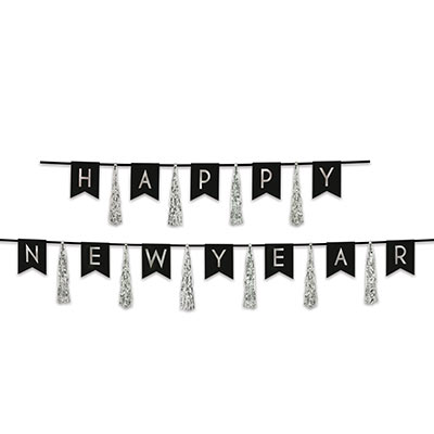 Streamer with black pennants spelling out "Happy New Year" in silver print with silver tassels.