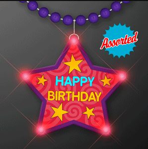 Happy Birthday Star Flashing Necklace. These Flashing birthday necklaces are perfect in making sure the star of the party is seen.