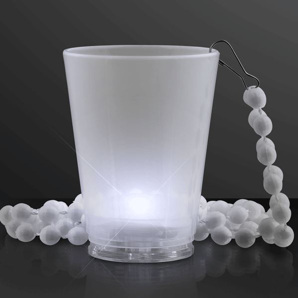 LED White Party Shot Glass Bead Necklaces. This Light Up Shot Glass Necklace will add fun colors to drinking.