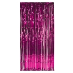 Door curtain made of cerise metallic material strands.